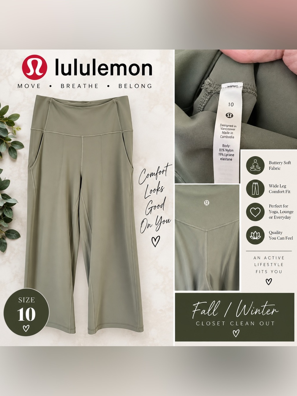 lululemon olive green wide-leg yoga pants